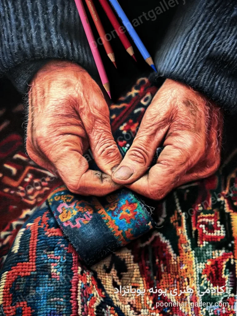 نقاشی مداد رنگی هایپررئال دستهای پیرمرد روی قالی ایرانی - آکادمی هنری پونه پویانژاد