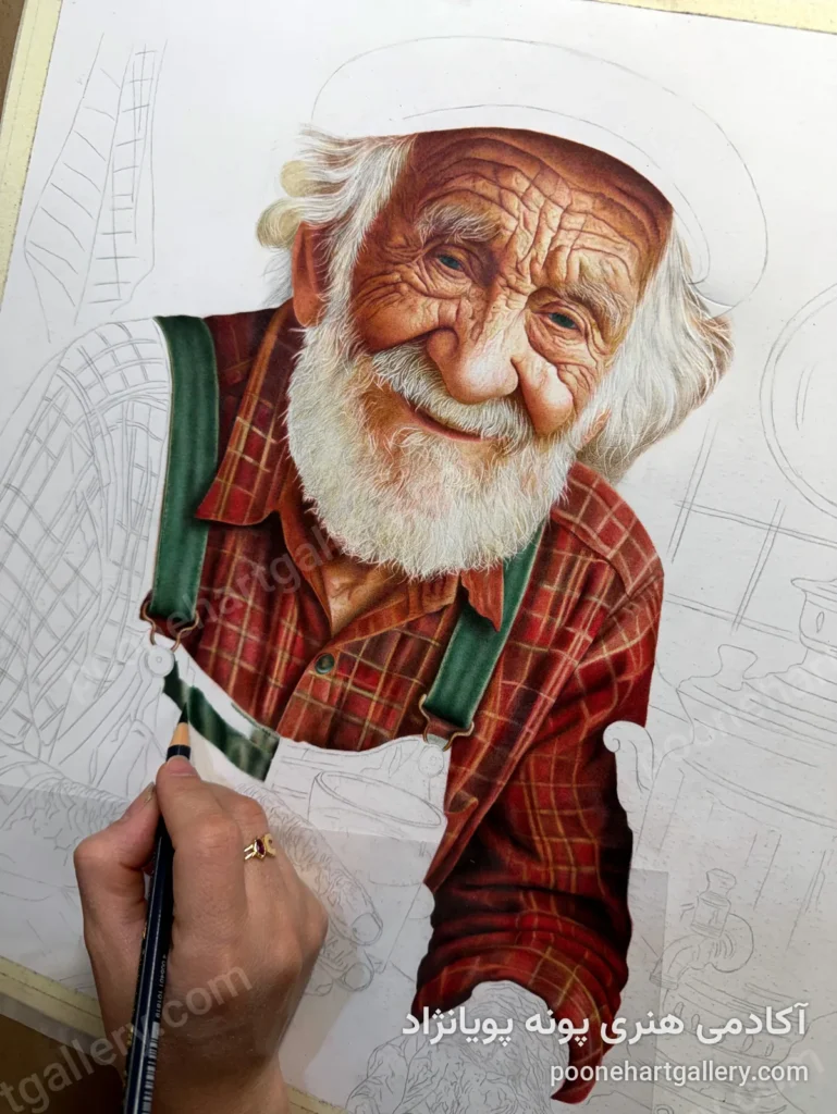 مراحل کشیدن پرتره مداد رنگی پیرمرد با پیراهن چهارخانه